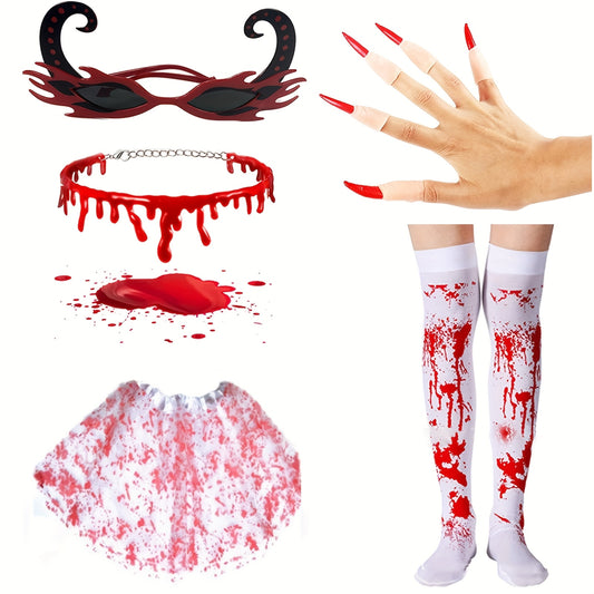 [Vampire Cosplay Set] 2/15pcs/set Halloween Vampire Cosplay Costume Accessories Set | Blood-Dripping Collar, Gloves, Long Stockings - Festival Role-Playing Outfit Decorations, Bat Costume Gift, Party Supplies for Events, Part