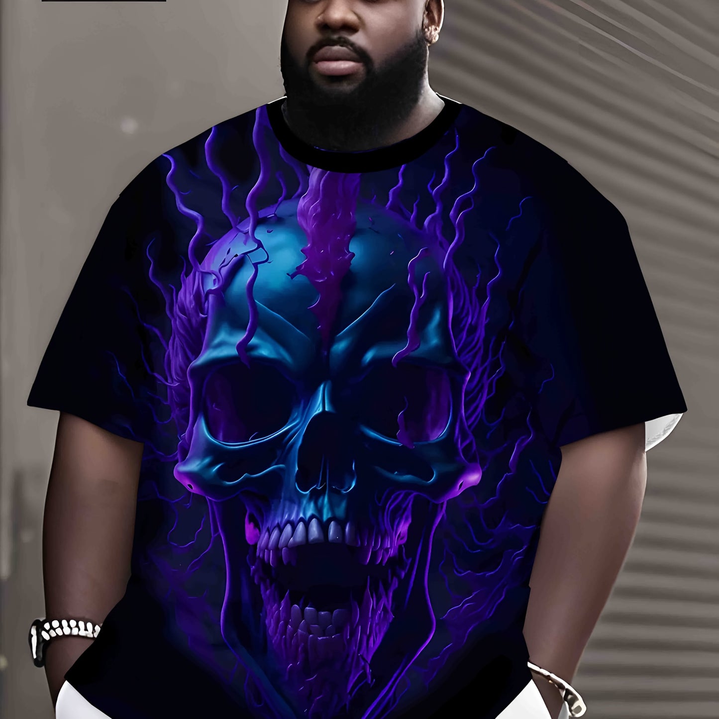 Men'S Plus Size 3D Skull Print T-Shirt - Vibrant Purple & Blue Graphic Tee, Casual Summer Short Sleeve Crew Neck, Comfortable & Quick-Dry Top for Casual Attire, Comfortable Clothing | Bold Graphic Tee | Quickdry Material, PLU