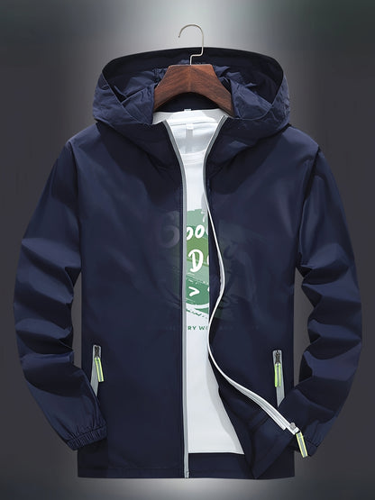 Men's Zip-Up Hooded Jacket - Breathable Reflective Outerwear for Gym, Cycling, Hiking & Beach Use - Lightweight Spring/Summer/Autumn Outdoor Wear with Zippered Storage Design. High-Quality Unisex Hoodie Perfect for Water Spor