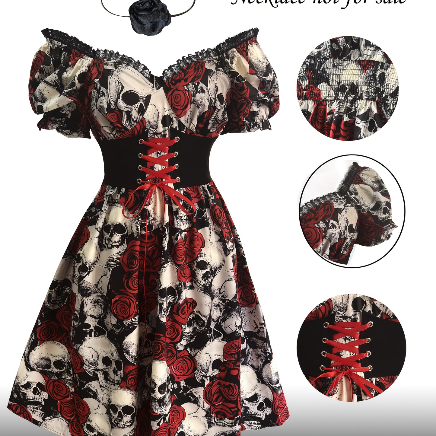 Women's Gothic Y2K Skull & Rose Print Gothic Victorian-Style Dress with Ruffled Hem & Spaghetti Strap - Lace-like Sleeve Neckline, Corset Back Closure, Machine Washable - Elegant Party Outfit for Halloween, Day of the Dead, T