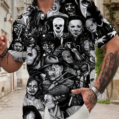 Men's Casual Short Sleeve Novelty Collar Shirt with Geometric Horror Character Print - Machine Washable Regular Fit Black & White Graphic Top for Casual Attire, Detailed Prints, Comfortable Fabric