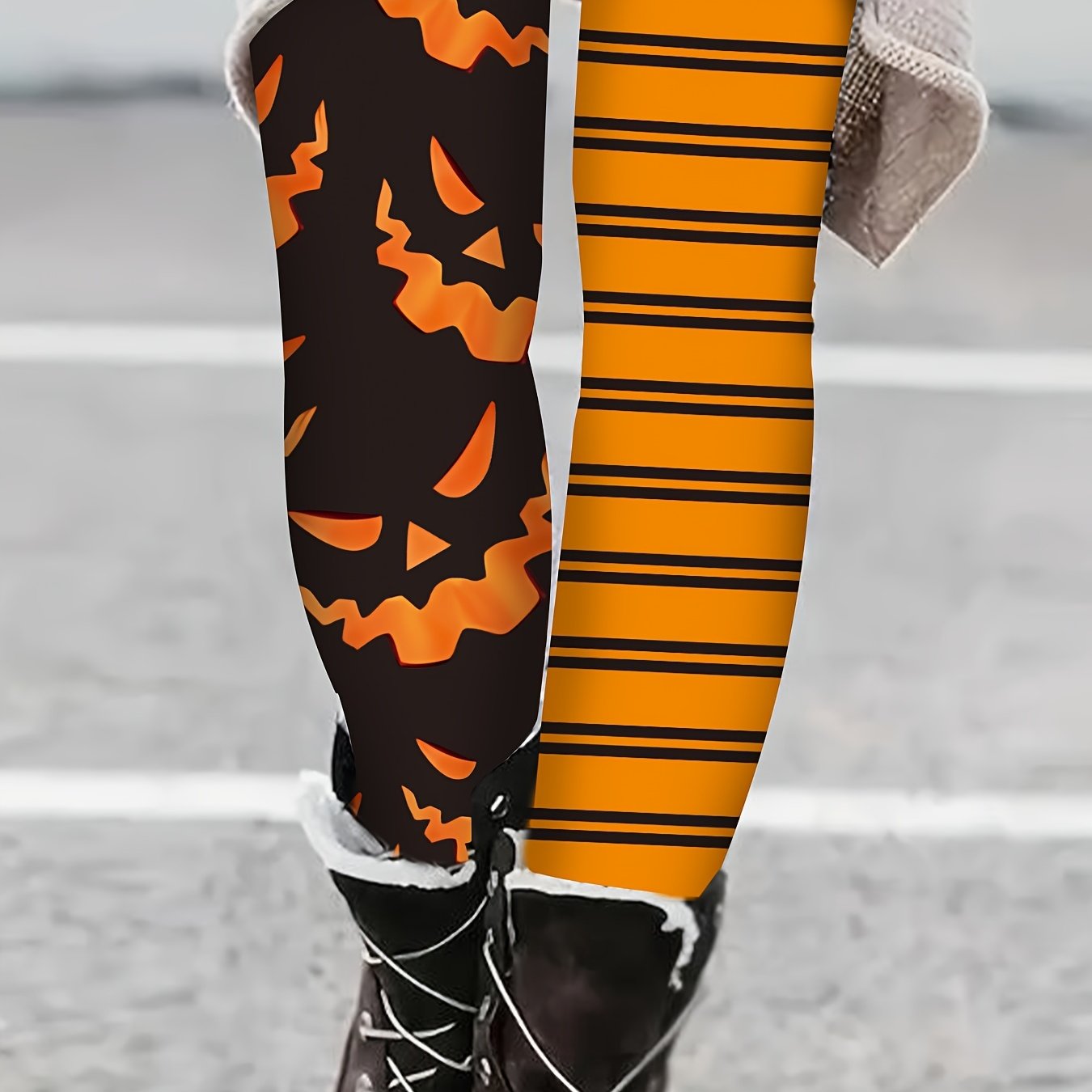 [Halloween Leggings for Women] Halloween Women's Tight-Fitting Leggings | Stretchy Polyester-Spandex Blend, Jack-O'-Lantern & Striped Print, All-Season Machine Washable Casual Pants for Adults
