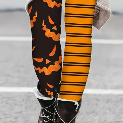 [Halloween Leggings for Women] Halloween Women's Tight-Fitting Leggings | Stretchy Polyester-Spandex Blend, Jack-O'-Lantern & Striped Print, All-Season Machine Washable Casual Pants for Adults