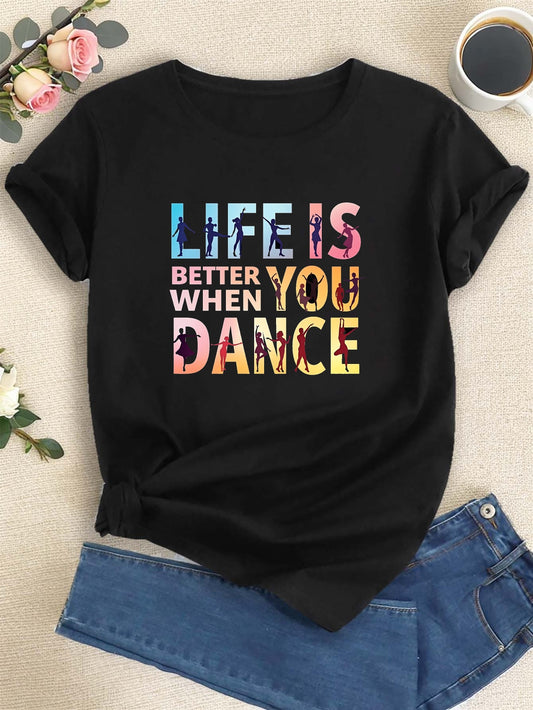 Women'S "Life is Better When You Dance" Graphic Tee - Casual Crew Neck Short Sleeve Top, Vibrant Geometric Print, Polyester Blend, Perfect for Spring & Summer, Dance Clothing