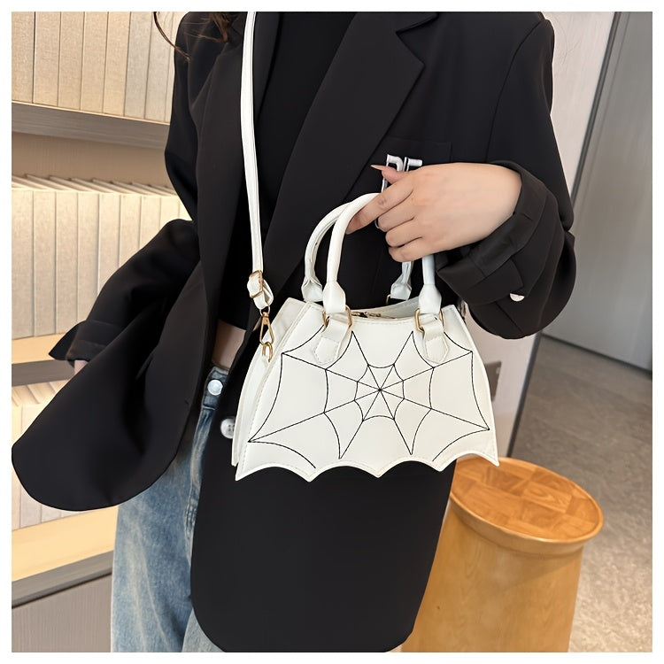Halloween Women'S Bat Wing Spider Web Handbag - Lightweight Synthetic Faux Leather Tote with Geometric Spider Web Design, Zipper Closure & Detachable Strap, Gothic Style for Daily Use or Party Outfits, Durable Polyester Linin