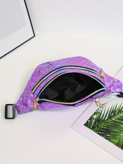 Holographic Sequin Waist Bag for Women - Stylish Crossbody Belt Bag with Adjustable Strap, Zipper Closure, And Glittery Purple, White, And Pink Patterns - Perfect for Outdoor Activities, Travel, And Everyday Fashion, Crossbod