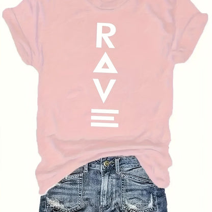 1pc Women's Crewneck T-Shirt - Black with White RAVE Typography Print, Techno Music Inspired Design, Casual Short Sleeve Tee for EDM Festivals & Summer Outings, Machine Washable, Exclusive Deal of the Day Gift Idea, T-shirt S