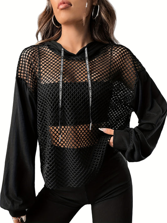 Hollow Out Drawstring Hoodies, Sexy Solid Long Sleeve Sweatshirt, Women's Clothing