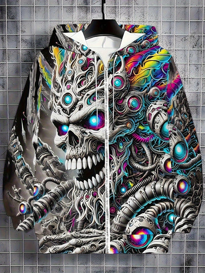 Men's Cyberpunk Gothic Hooded Jacket - Full-Zip Graphic Sweatshirt with Skull & Mechanical Eyes, Front Pockets, Adjustable Drawstring Hood - Lightweight Outerwear for Streetwear, Gym, Halloween Parties - Machine Washable Poly