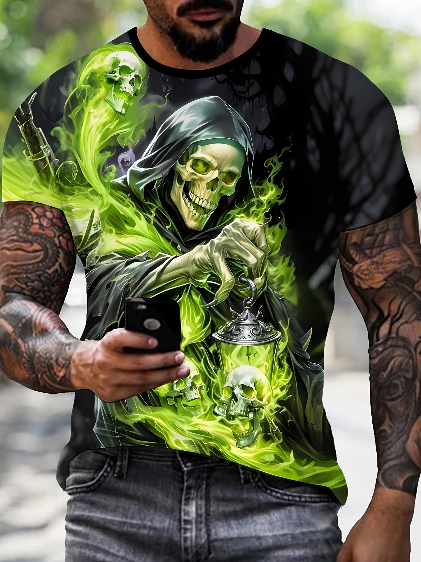 Men'S Casual Crew Neck T-Shirt with 3D Skeleton Print, Green Flame and Skulls Design, Lightweight Polyester Fabric, Regular Fit Short Sleeve Tee for Casual Attire, Outdoor Tshirt | Unique Graphic Tee | Durable Casualwea