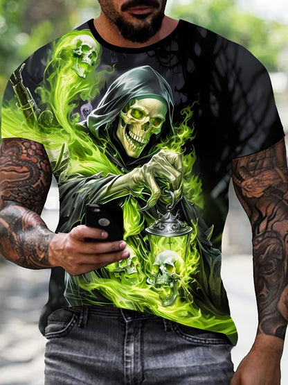 Men'S Casual Crew Neck T-Shirt with 3D Skeleton Print, Green Flame and Skulls Design, Lightweight Polyester Fabric, Regular Fit Short Sleeve Tee for Casual Attire, Outdoor Tshirt | Unique Graphic Tee | Durable Casualwea