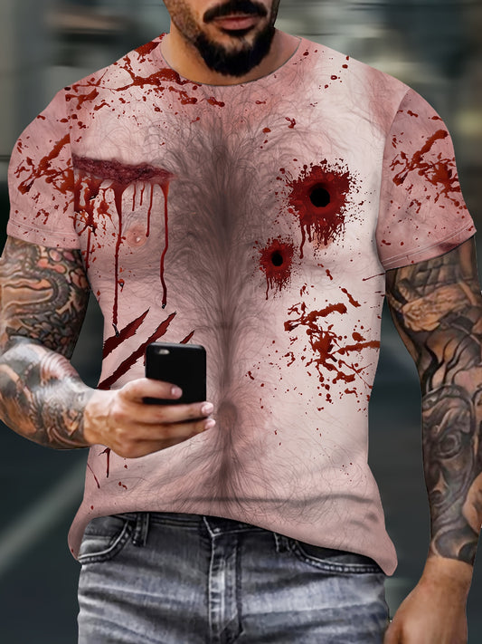Men's Blood Splatter Print T-Shirt, Casual Round Neck Short Sleeve Tee, Halloween Party Top, Polyester, Regular Fit, Summer Fashion, Adult Unisex