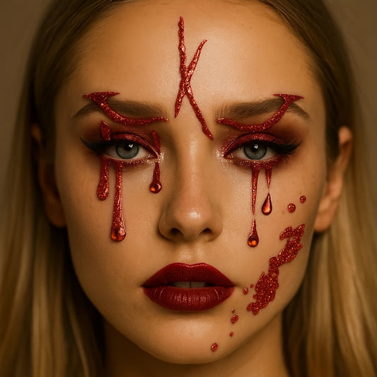 [Realistic Blood Face Stickers] 2 Sheets Red Glitter Blood Face Stickers - Realistic Fake Blood & Wound Effects, Glossy Self-Adhesive Temporary Tattoos for Halloween, Christmas, Themed Parties - Easy Apply, Perfect for Costum