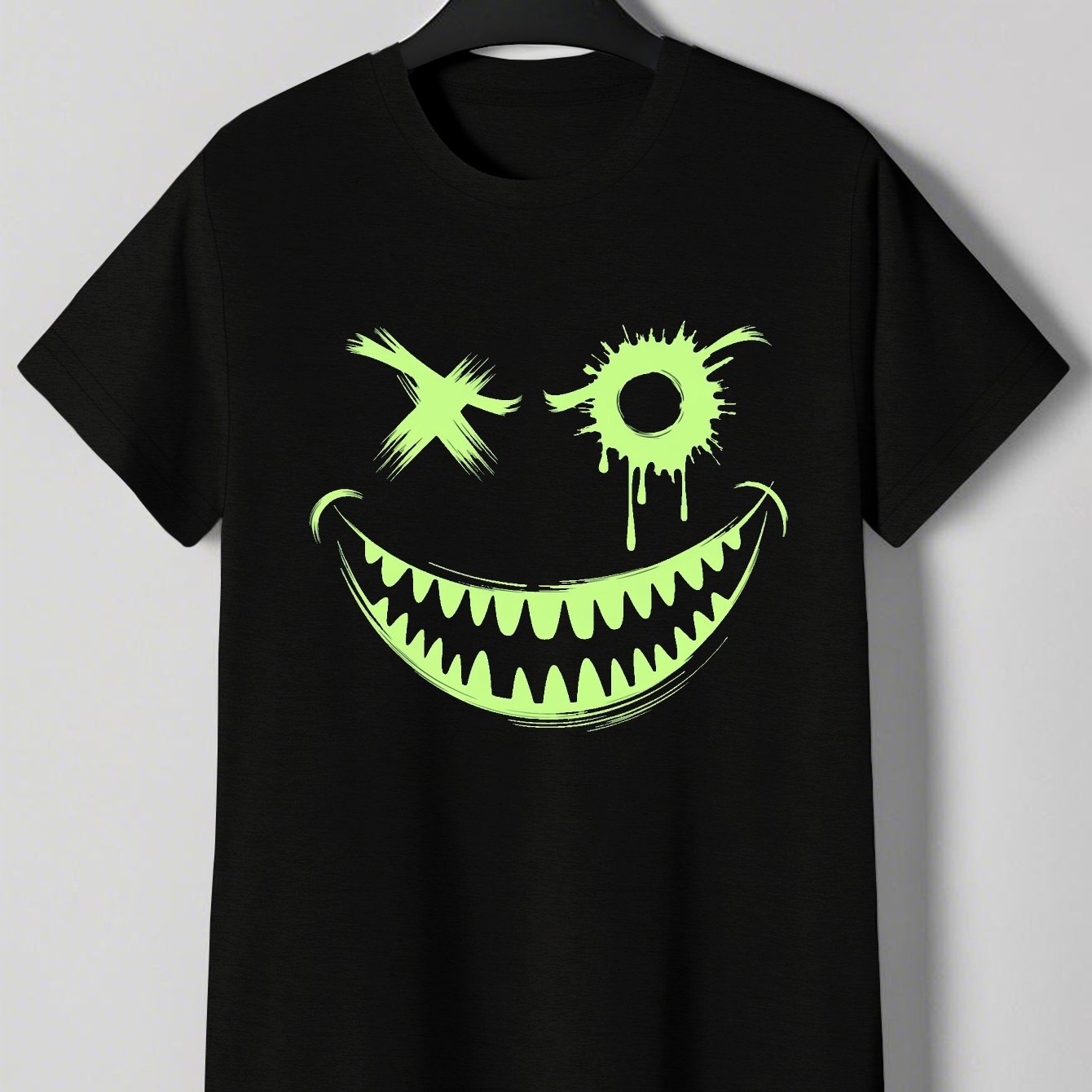 Men's Neon Green Glow-in-the-Dark Mischievous Grin Face Graphic T-Shirt - Lightweight Summer Tee for Parties, Casual Attire & Costume Events - Non-Transparent Casual Shirt for Adults, Playful Design, Machine Washable Fabric