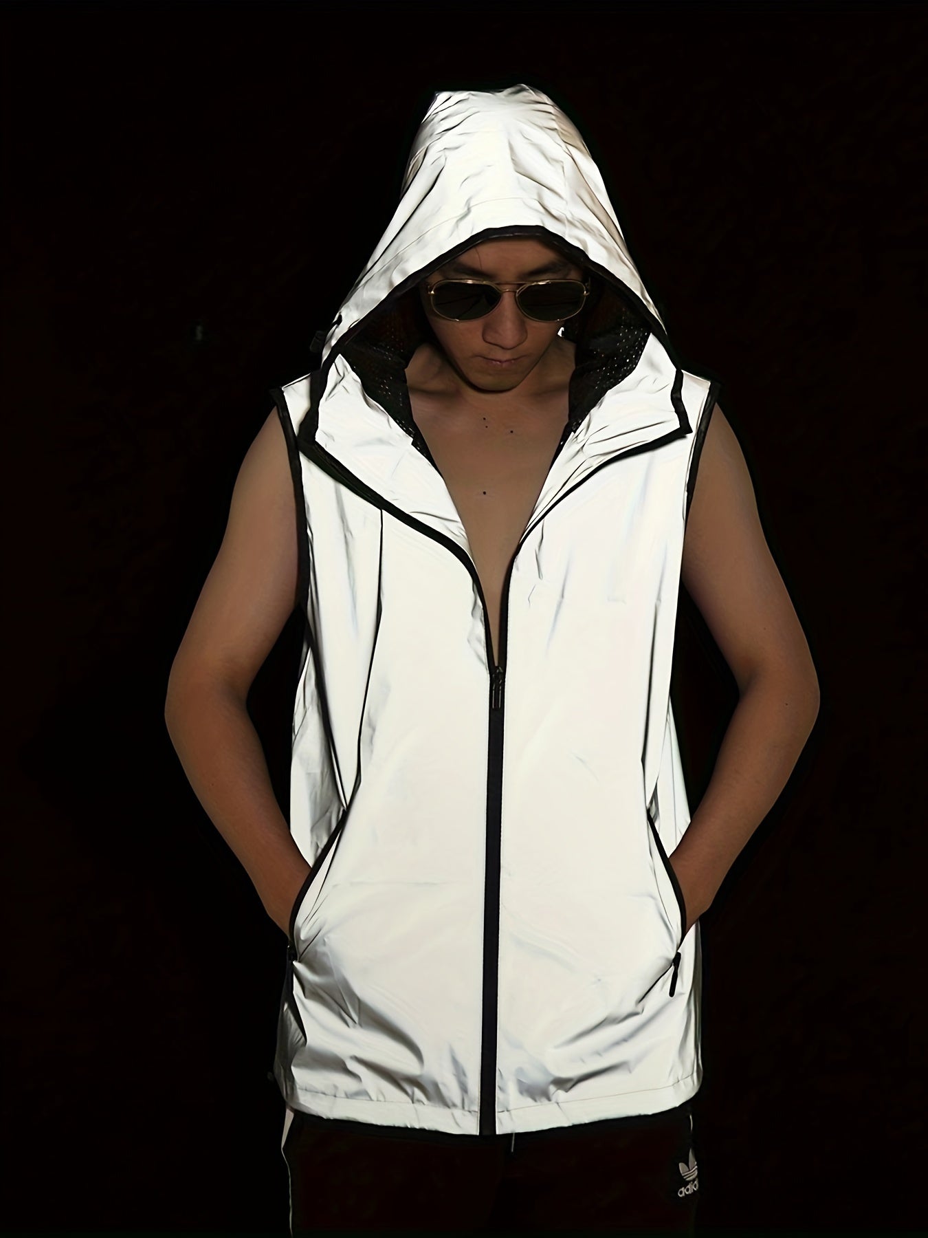 Men's Glow-in-the-Dark Hooded Vest - Casual Sleeveless Outdoor Running Gear, Polyester, Zip-Up, All-Season Wear