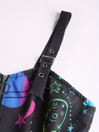 Women's Galaxy Print Sleeveless Dress with Adjustable Straps & Zipper Detail - Vibrant Starry Sky Design, Polyester Fabric, Machine Washable, Casual Style for All Seasons, Galaxy Dress