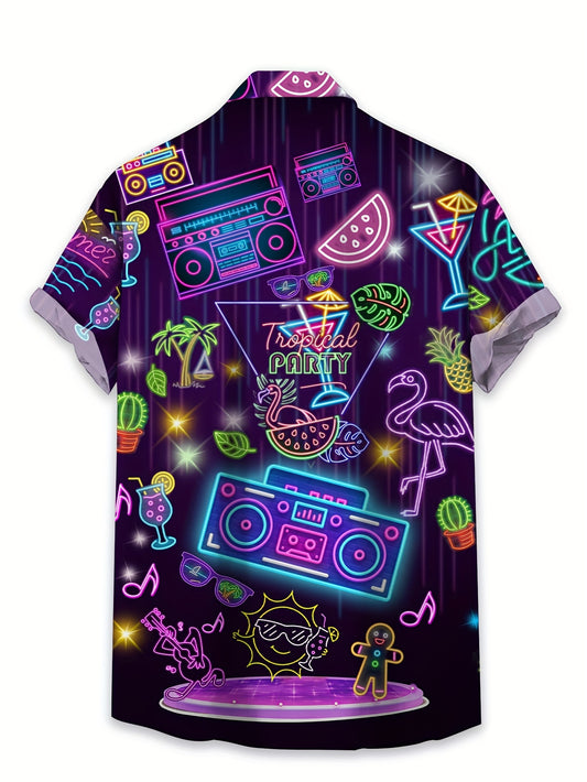 Men'S Casual Tropical Party Neon Graphic T-Shirt - Short Sleeve, Summer Vacation Shirt with Palm Trees, Flamingos, and Music Notes Design, Casual Attire|Tropical Theme|Polyester Fabric
