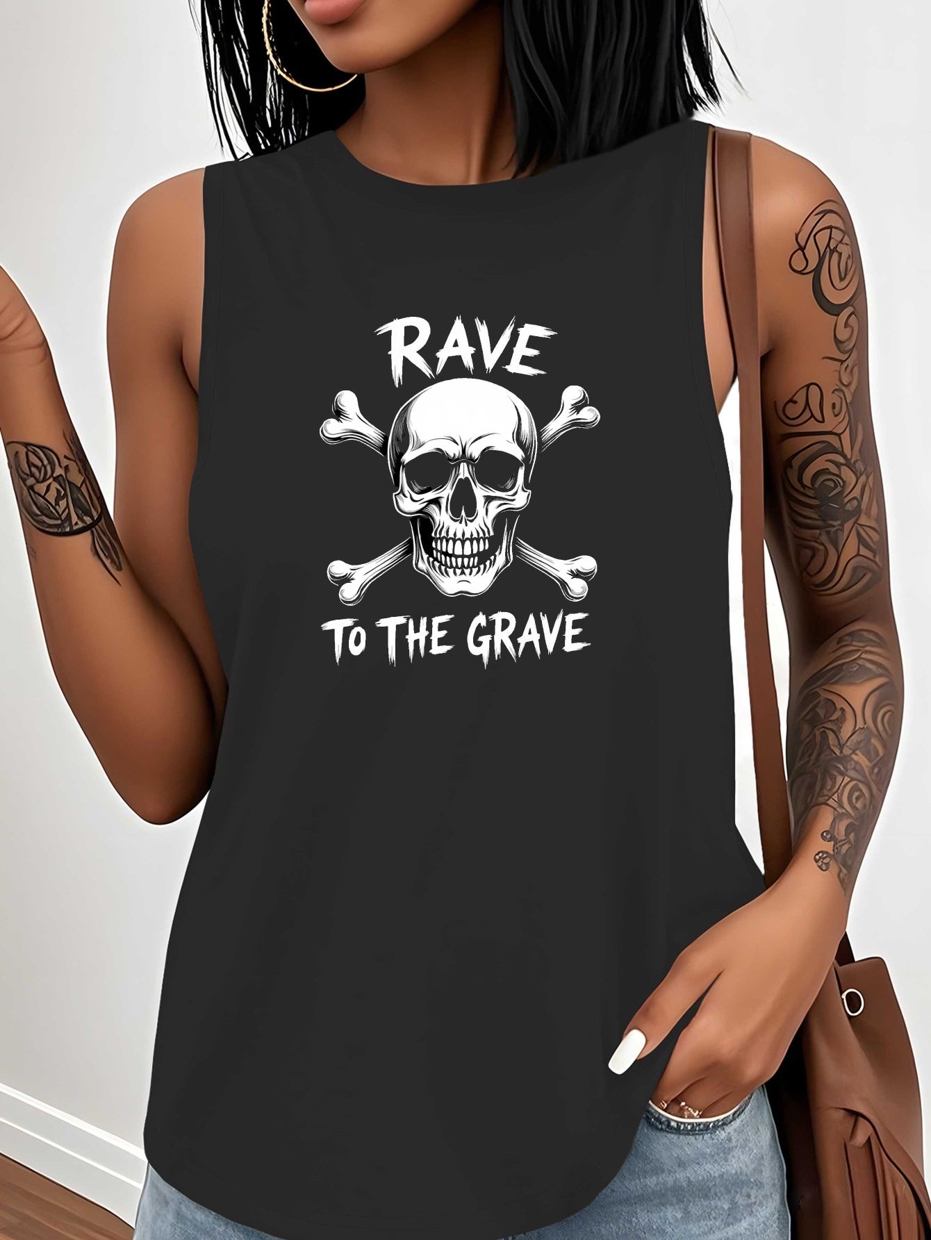 Rave to The Grave Skull & Crossbones Graphic Women's Sleeveless Vest - Edgy Casual Round Neck Top, Machine Washable All-Season Wear for Parties & Everyday Outfits, Party Apparel, Bold Pattern, Edgy Fashion, Bold Print Quality