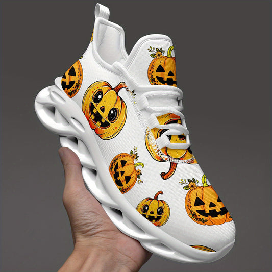 Men'S Halloween Pumpkin Print Casual Sneakers - White Low-Top Lace-Up Trainers with Orange & Black Jack-O'-Lantern Design, Comfortable EVA Sole for Daily Wear & Halloween, PLUS SIZE, Halloween Shoes, Trendy Streetwear, Durabl
