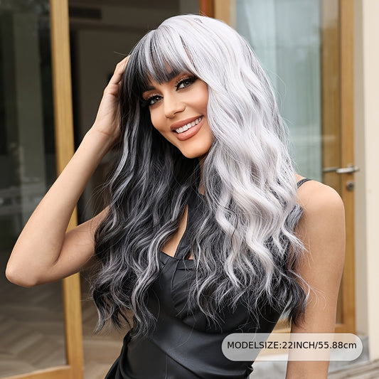 Elegant 22-Inch Two-Tone Black & White Wig for Women - Water Wave Synthetic Hair with Bangs, Perfect for Cosplay & Daily Fashion