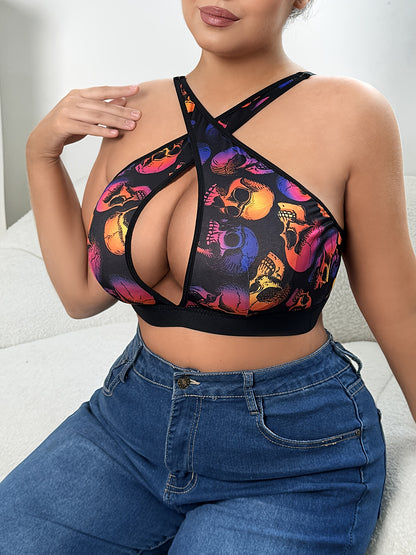 Women's Plus Halloween Gothic Bra, Plus Size Skull Print Cut-out Cross Halter Bralette