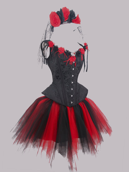 [Gothic Corset Set] Gothic Black Lace Corset and Tutu Skirt Set | Floral Mesh Headband, Mexican Day of the Dead Halloween Blood Rose Cosplay Outfit