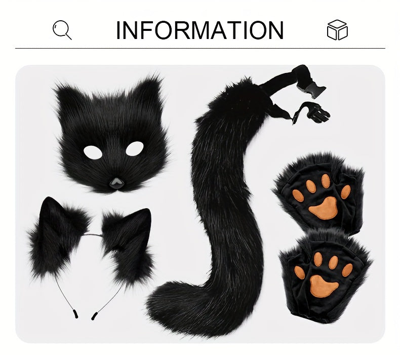 [Halloween Christmas] 4pcs Set, Adjustable Faux Fox Fur Mask Costume - Bendable Tail, Ears Headband and Gloves - Halloween/Christmas Role Play, Carnival Party, Without Battery