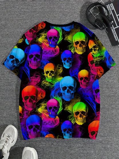 [Bold Skull Print T-Shirt] Men's Casual Short Sleeve T-Shirt - 100% Polyester, 3D Gradient Skull Print, Regular Fit, Machine Washable, Summer Outdoor & Street Fashion, Bold Pattern, Lightweight Fabric, Trendy Look for Young A