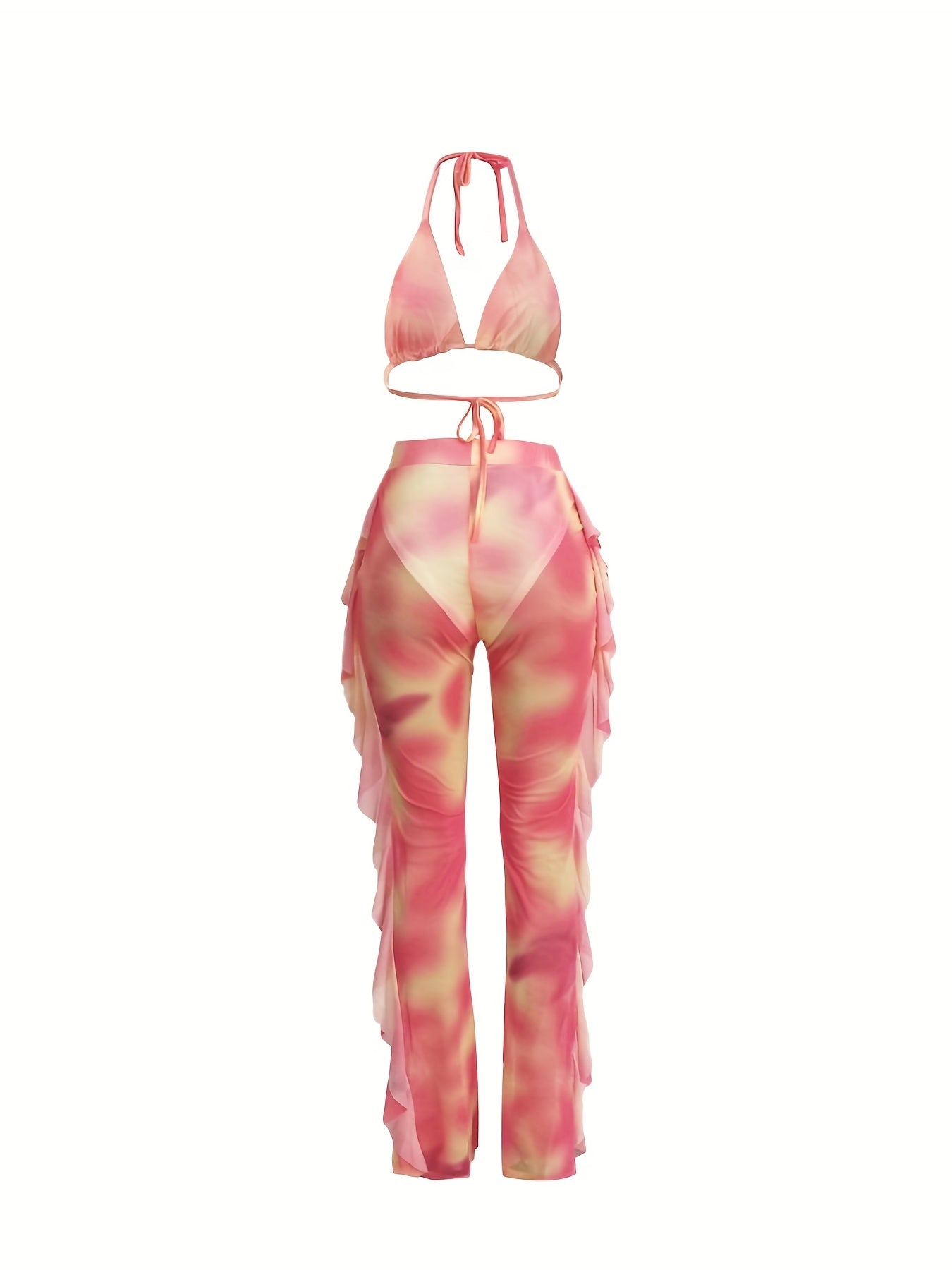 Sexy Tie Dye Matching Two-piece Set, Crop Halter Top & Fringe Hem Pants Outfits, Women's Clothing