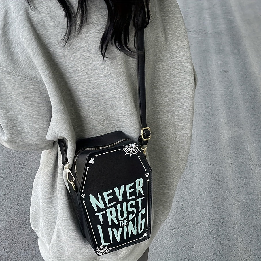 1pc Halloween Coffin-Shaped Fashion Shoulder Bag for Women, Sexy Gothic Faux Leather Crossbody Purse with "Never Trust The Living" Print, Zip Closure, Polyester Lining, and Edge Detailing