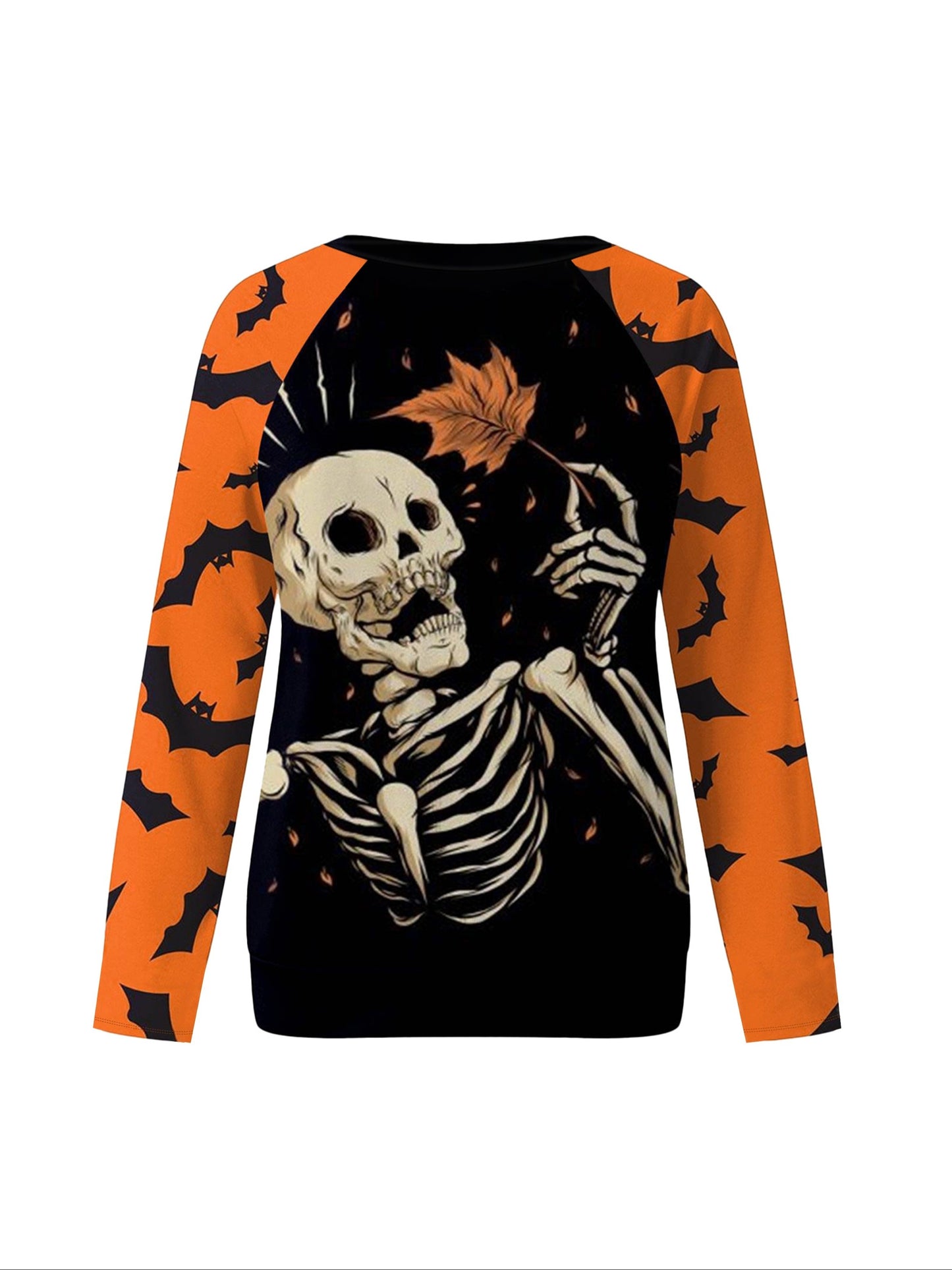 Plus Size Gothic Skeleton Print Sweatshirt - Casual Crew Neck Pullover with Slight Stretch, 100% Polyester Knit Fabric for Spring/Fall, Halloween Pattern Design Women's Top