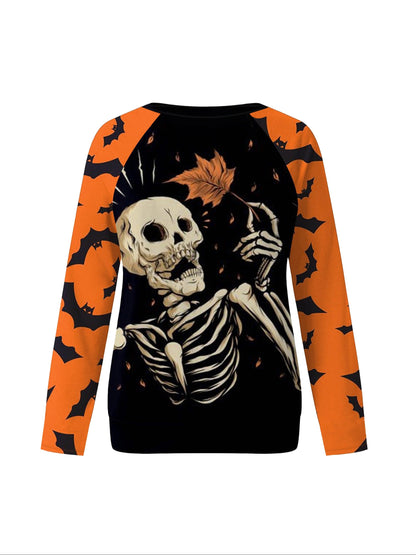 Plus Size Gothic Skeleton Print Sweatshirt - Casual Crew Neck Pullover with Slight Stretch, 100% Polyester Knit Fabric for Spring/Fall, Halloween Pattern Design Women's Top