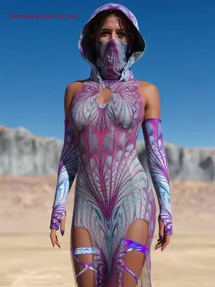 Women'S Cosmic Starry Pattern Futuristic Superhero Costume Dress - Sleeveless Bodycon with Hooded Neck, Geometric Design for Halloween, Cosplay, Themed Parties & Year-Round Fashion