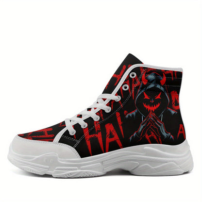 [Devil Graphic Sneakers] Men's Plus Size Devil Graphic High-Top Sneakers - Lightweight, Breathable Lace-Up Trainers with TPR Sole | Comfortable Walking Shoes for Halloween, Casual Outdoor Wear, All-Season Use, Trendy Footwear