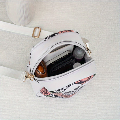 [Punk Crossbody Bag] Women's Lightweight Crossbody Bag | Punk Gothic Skull & Rose Print, Detachable Adjustable Strap, Zipper Closure, White with Black Floral Design, Goldtone Hardware, Durable Material, Small Handbag, Alterna