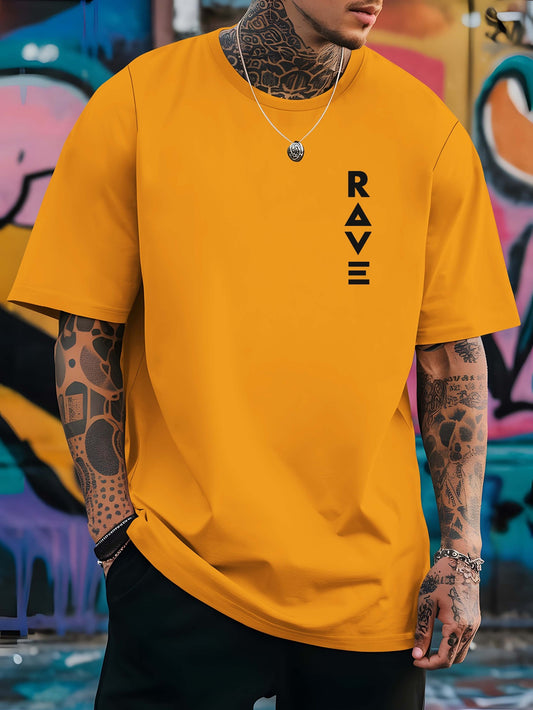 R V Men's Short Sleeve T-Shirt - Vibrant Yellow with Bold RAVE Graphic Print, Breathable Round Neck Casual Top for Summer Beach Resorts & Outdoor Activities