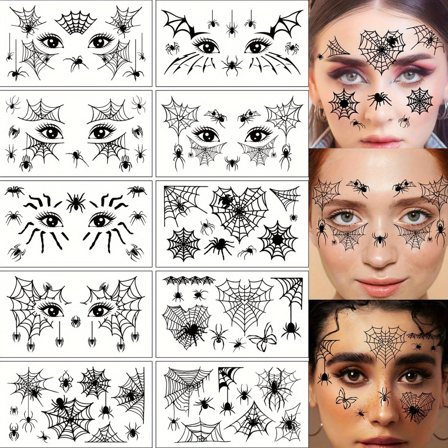 [Halloween Spider Tattoos] 10pcs Halloween Spider Series Temporary Tattoo Stickers | Black Spider Web Patterns for Face and Eyelids, Waterproof Realistic Fake Tattoo Decals - Suitable for Halloween Party Makeup