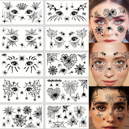 [Halloween Spider Tattoos] 10pcs Halloween Spider Series Temporary Tattoo Stickers | Black Spider Web Patterns for Face and Eyelids, Waterproof Realistic Fake Tattoo Decals - Suitable for Halloween Party Makeup