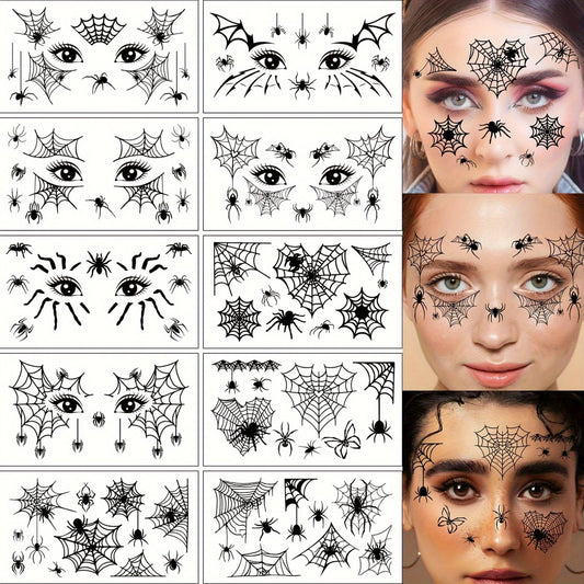 [Halloween Spider Tattoos] 10pcs Halloween Spider Series Temporary Tattoo Stickers | Black Spider Web Patterns for Face and Eyelids, Waterproof Realistic Fake Tattoo Decals - Suitable for Halloween Party Makeup