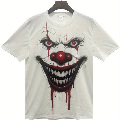 Men's Halloween Clown Horror Face T-Shirt - Scary Red Eyes & Bloody Effect, Lightweight Stretchy Polyester Knit Fabric Costume Party Shirt for Halloween Parties, Casual Attire - Machine Washable Spooky Clown Graphic Tee, Them
