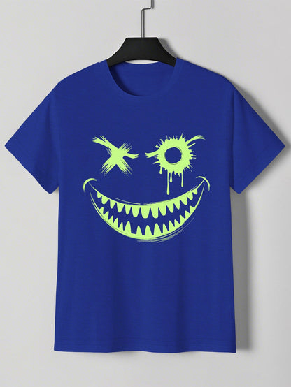 Men's Neon Green Glow-in-the-Dark Mischievous Grin Face Graphic T-Shirt - Lightweight Summer Tee for Parties, Casual Attire & Costume Events - Non-Transparent Casual Shirt for Adults, Playful Design, Machine Washable Fabric