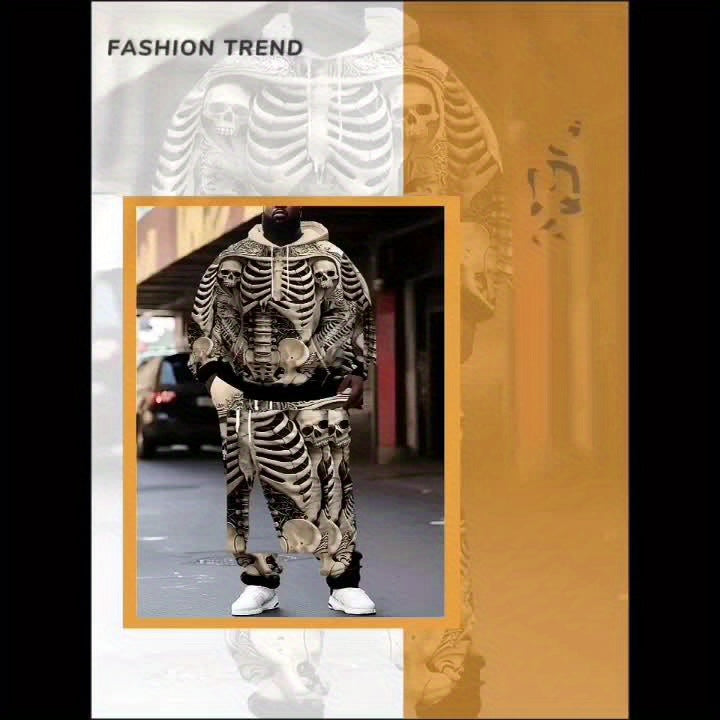 Men's Large Size Skull Pattern 3D Print Street Fashion Casual Hoodie and Pants Set Hoodie and Sweatpants 2pcs Set Suitable for Autumn and Winter Street Outdoor Daily Use as a Gift, PLUS SIZE