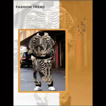 Men's Large Size Skull Pattern 3D Print Street Fashion Casual Hoodie and Pants Set Hoodie and Sweatpants 2pcs Set Suitable for Autumn and Winter Street Outdoor Daily Use as a Gift, PLUS SIZE