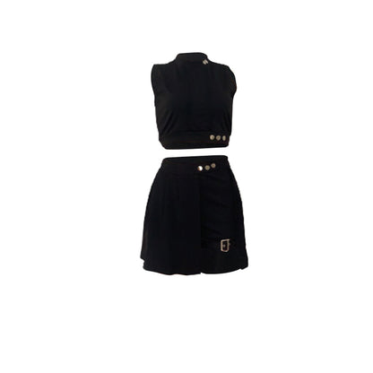 Sexy Button Two-piece Set, Mock Neck Crop Tank Top & High Waist Skirt Outfits, Women's Clothing
