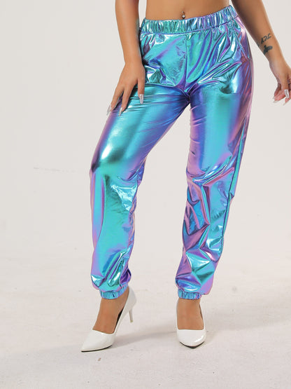 Women's Vibrant Purple Casual Tapered Leggings with Elastic Waistband & Side Pockets - Medium-Stretch All-Season Comfort for Lounge, Workouts & Casual Attire, Leggings, Lounge Wear, Fashionable Jogger Style, Medium Elasticity