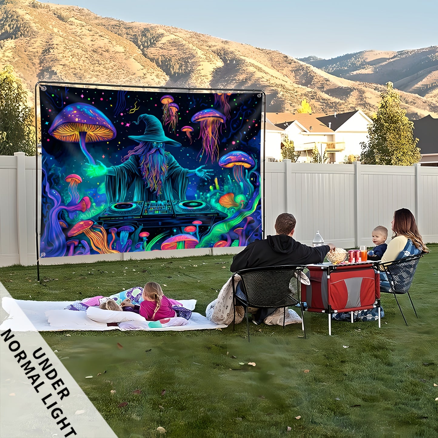 Wizard DJ Jellyfish Mushroom Fluorescent Tapestry - Halloween Outdoor Large Wall Hanging Decor for Yard Party, Hole-Punched Easy Hang, Festive Gift, Polyester, No Electricity Needed