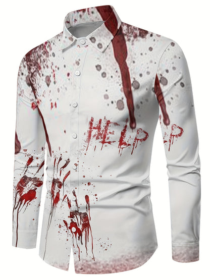Scary Blood & Handprint Pattern Men's Long Sleeve Lapel Shirt, Men's Halloween Style Clothing For Spring Fall