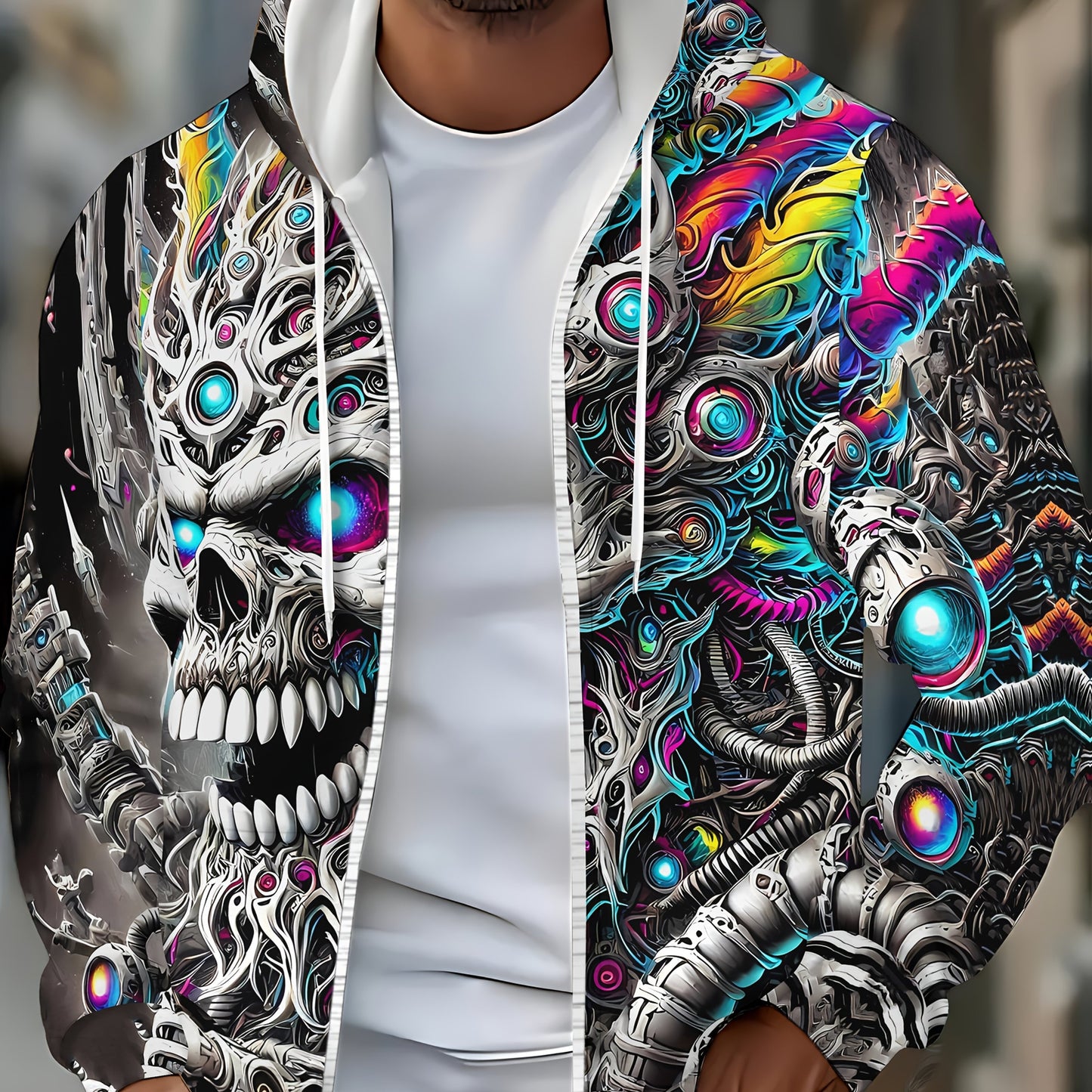 Men's Cyberpunk Gothic Hooded Jacket - Full-Zip Graphic Sweatshirt with Skull & Mechanical Eyes, Front Pockets, Adjustable Drawstring Hood - Lightweight Outerwear for Streetwear, Gym, Halloween Parties - Machine Washable Poly