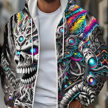Men's Cyberpunk Gothic Hooded Jacket - Full-Zip Graphic Sweatshirt with Skull & Mechanical Eyes, Front Pockets, Adjustable Drawstring Hood - Lightweight Outerwear for Streetwear, Gym, Halloween Parties - Machine Washable Poly
