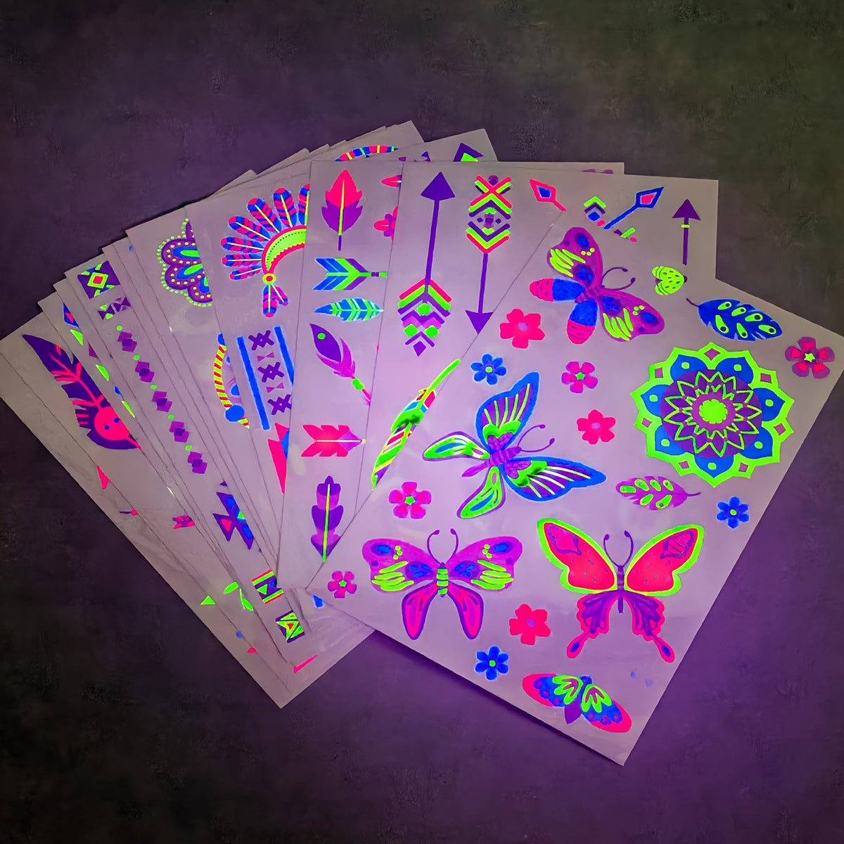 12 Sheets NeonGlow in the Light Temporary Tattoos